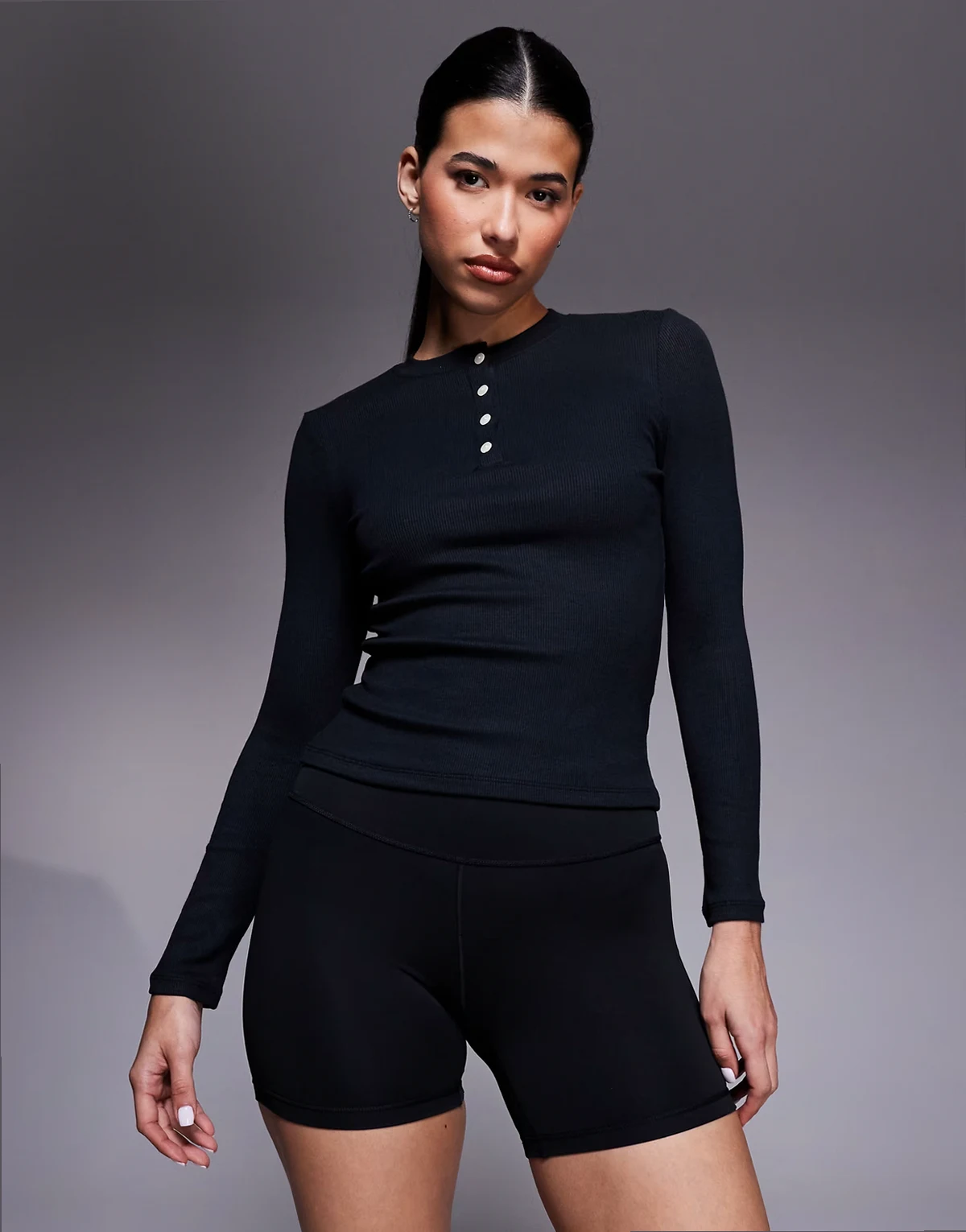 Rest Day ultra soft modal rib knit long sleeve henley top in black