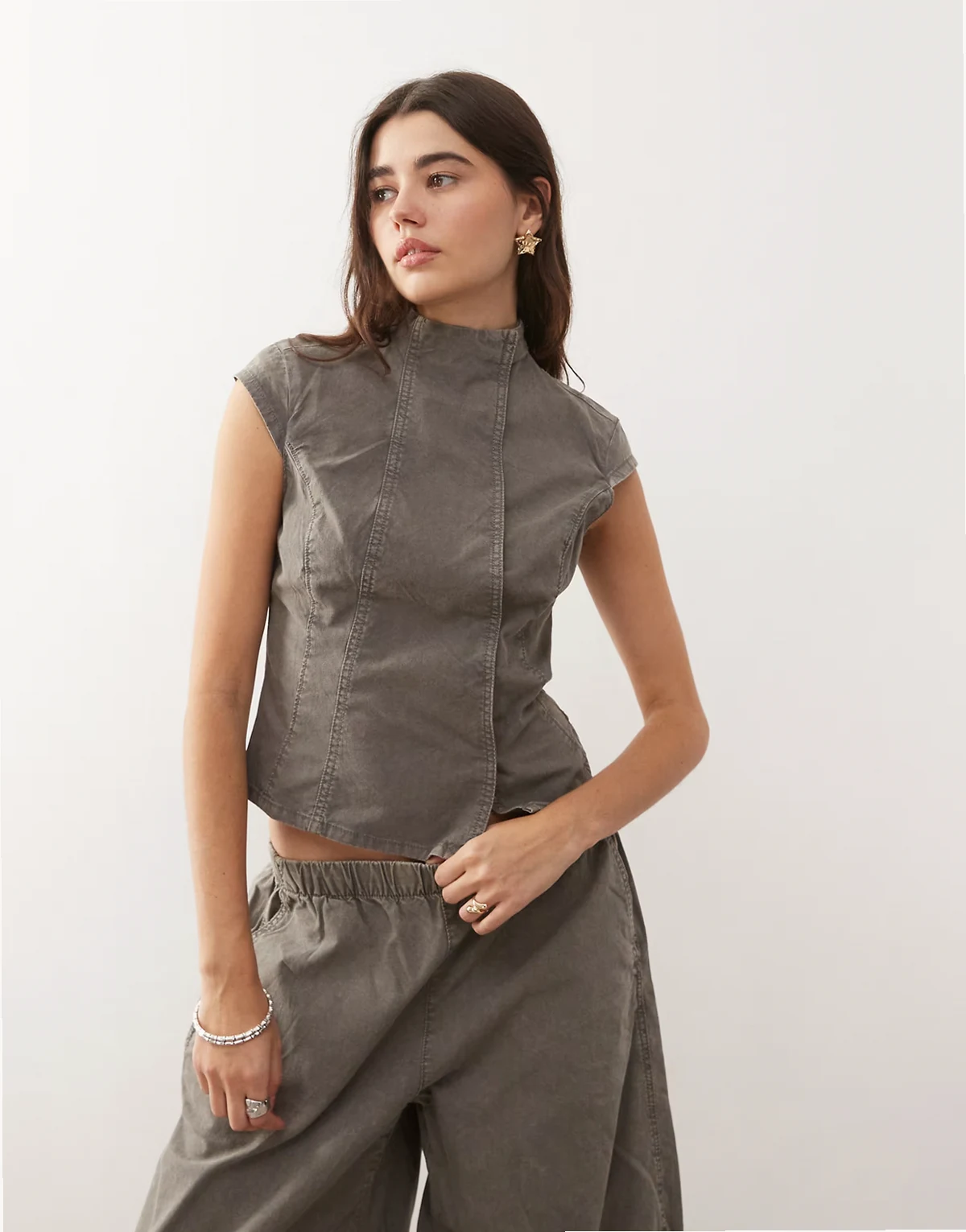 high neck cap sleeve top in washed gray - part of a set