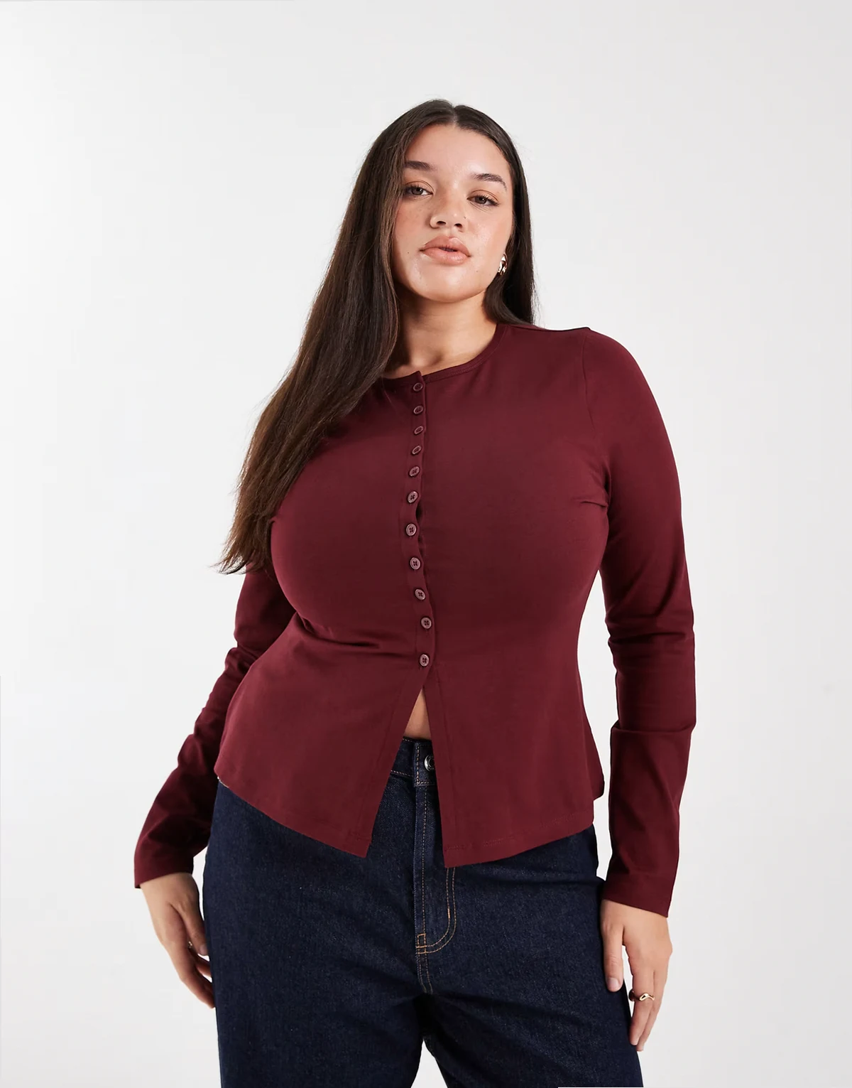 ASOS DESIGN Curve – Bordowy zapinany na guziki bawełniany top o wydłużonym fasonie