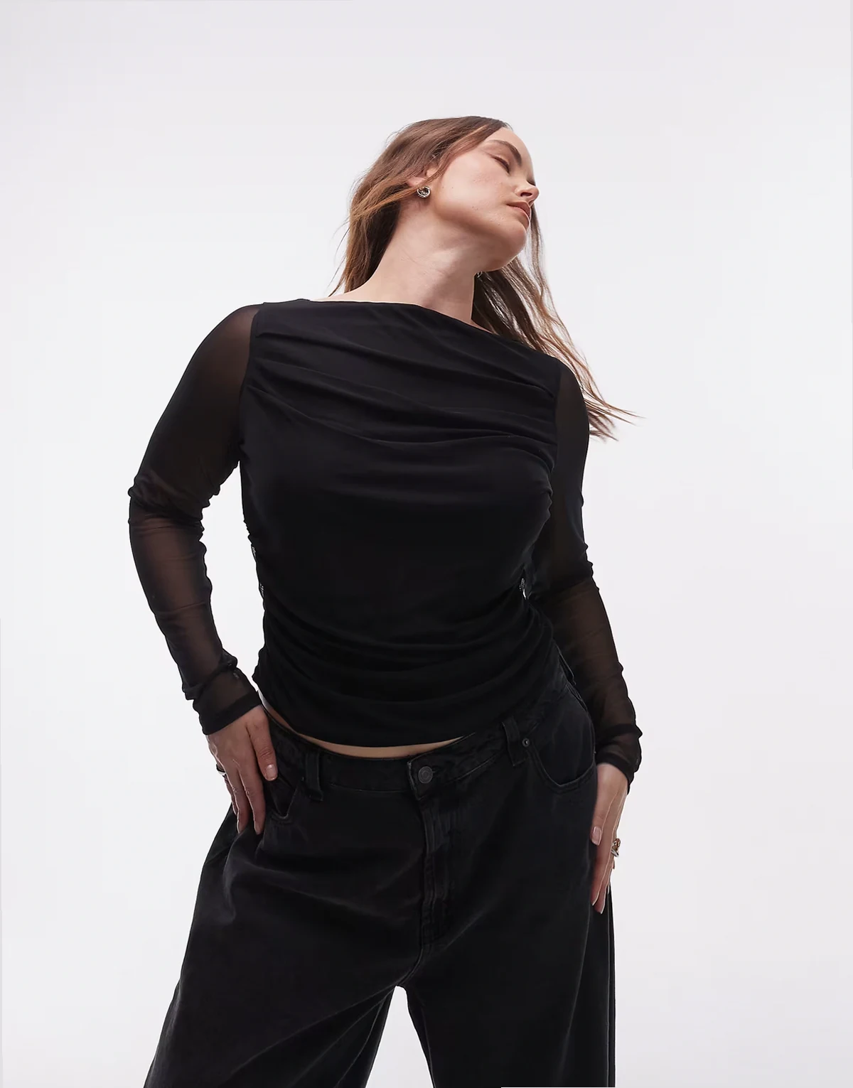 ASOS DESIGN Curve – Czarny siateczkowy top z długimi rękawami i dekoltem w łódkę