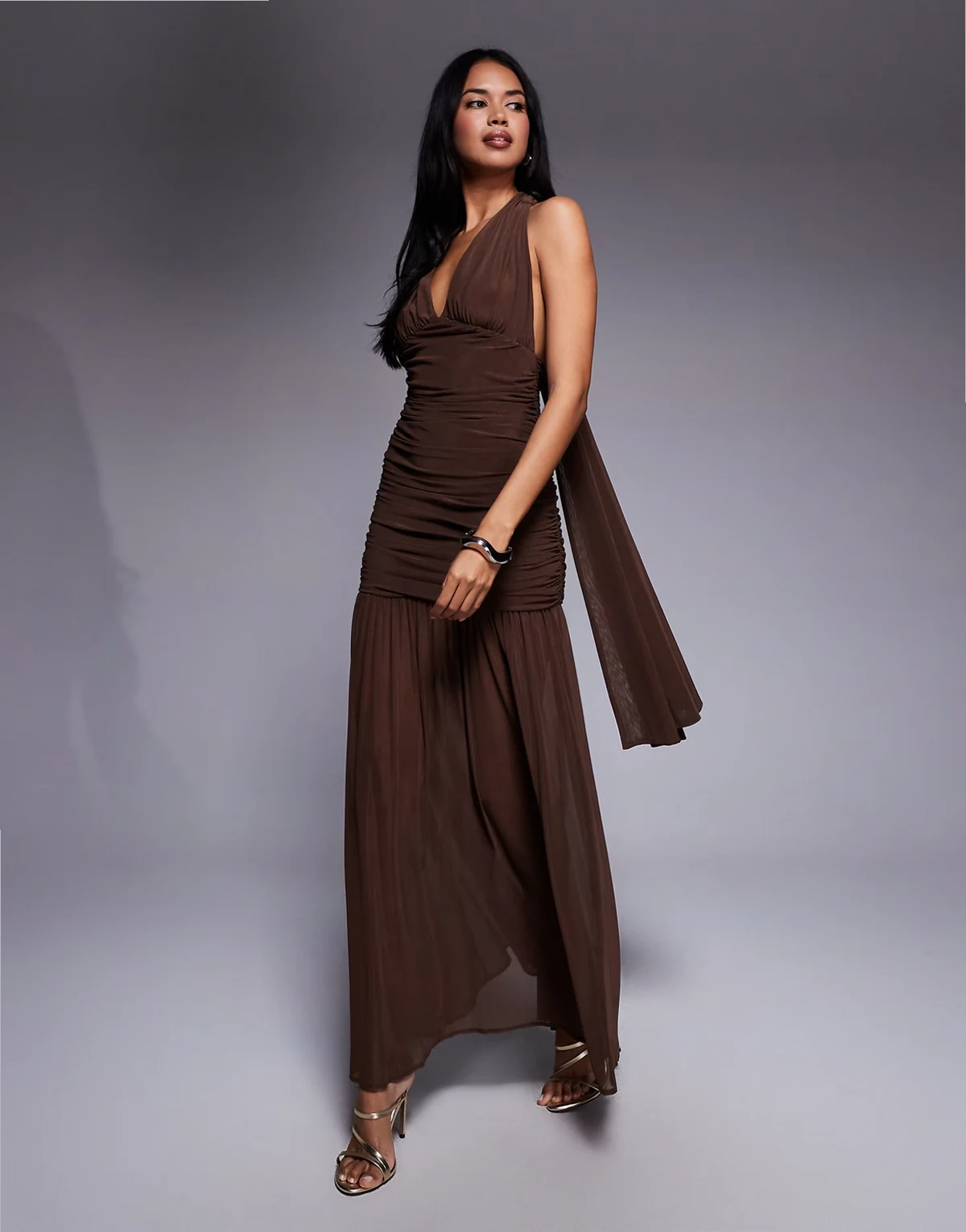 halter neck maxi dress with open back in chocolate mesh