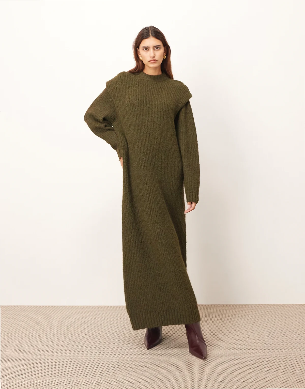 rib knit shoulder pads midi dress in olive