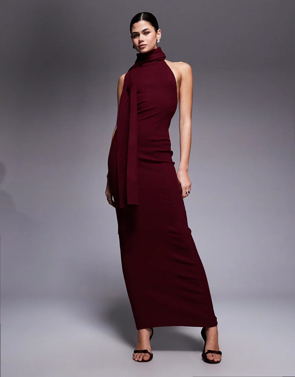 Dree rib knit scarf detail halterneck maxi dress in wine