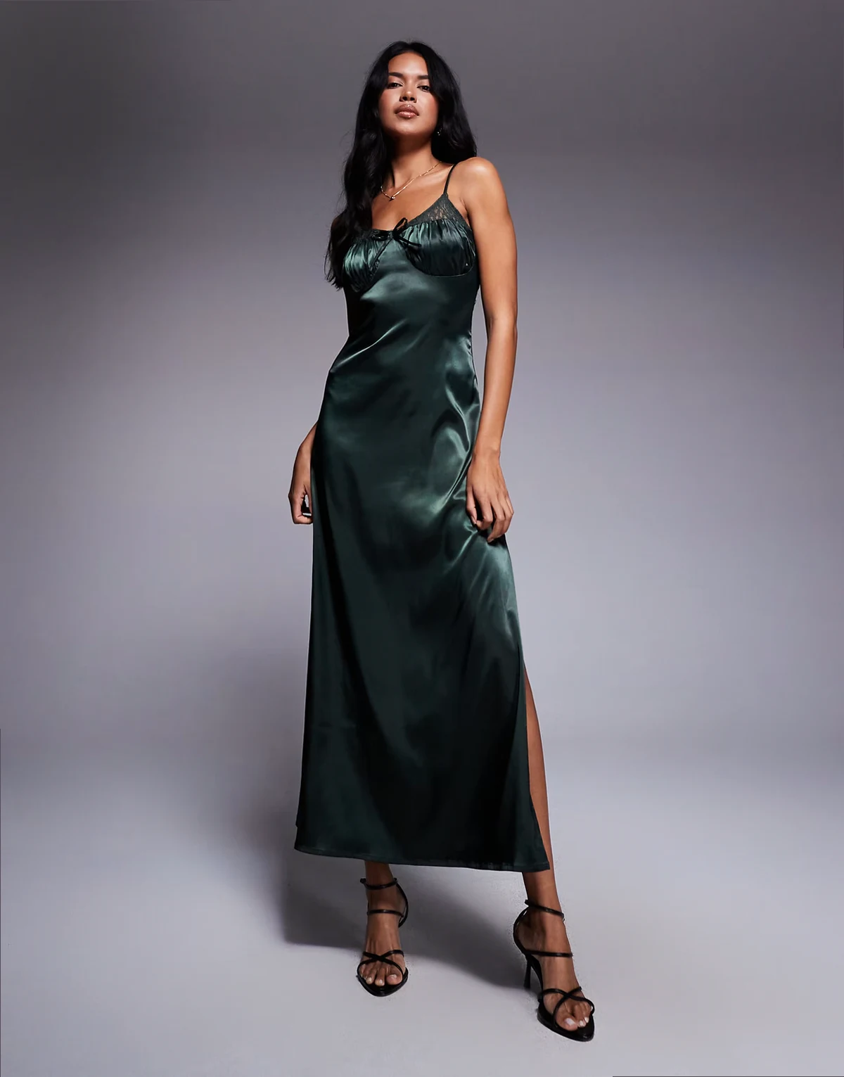 satin strappy maxi dress with lace detail in emerald green