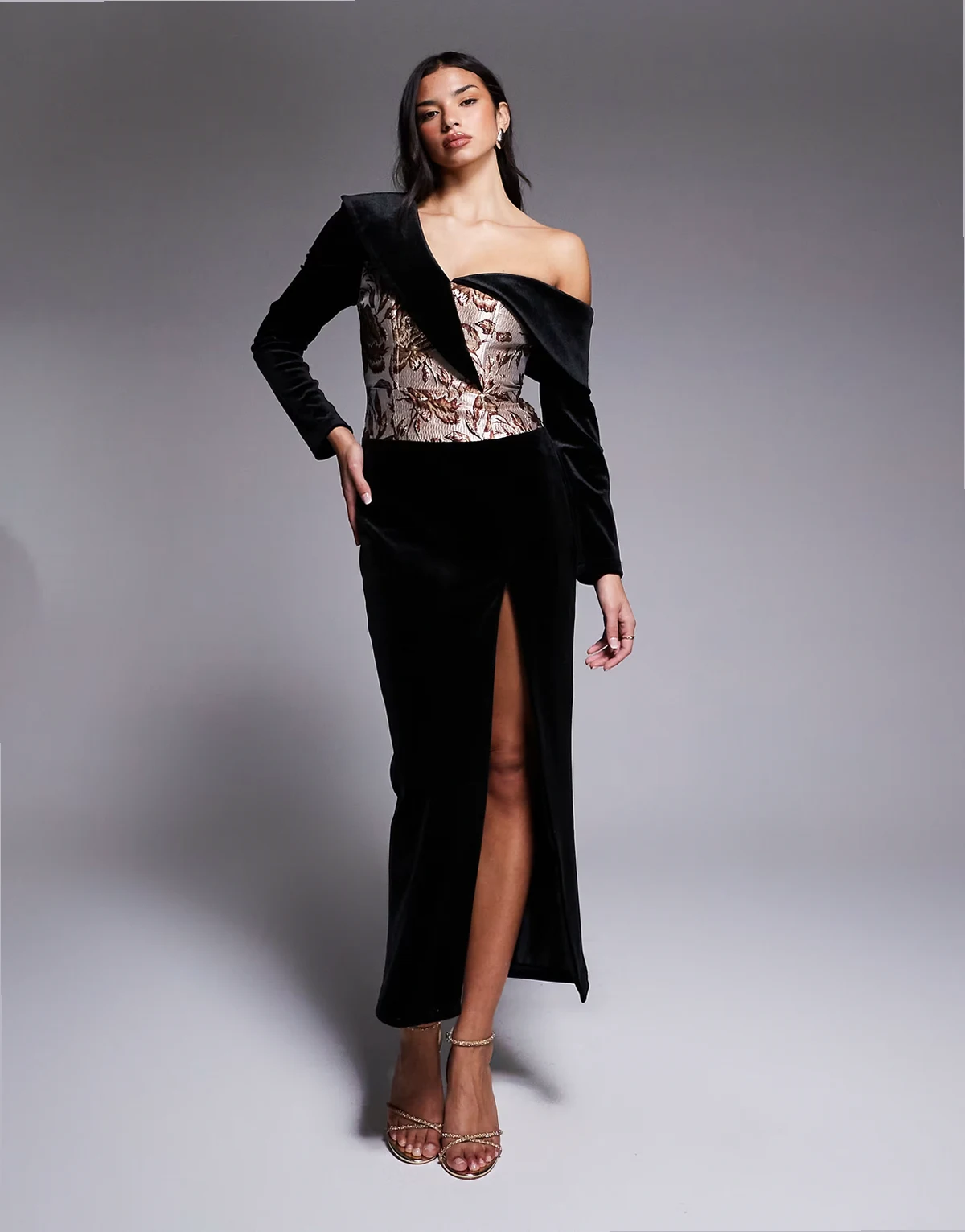 velvet midi dress with jacquard corset in black