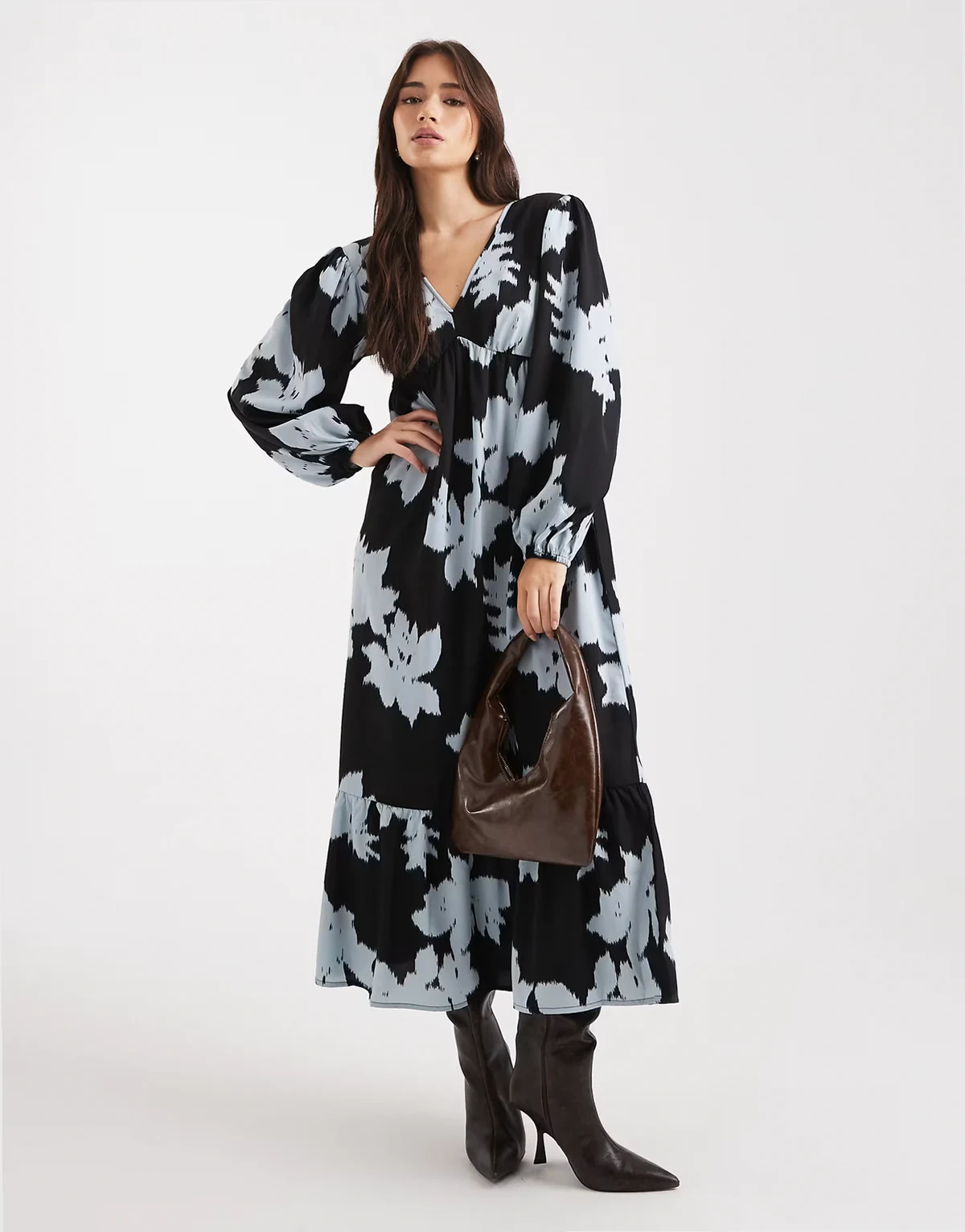 V-neck puff sleeve midaxi dress in blue floral