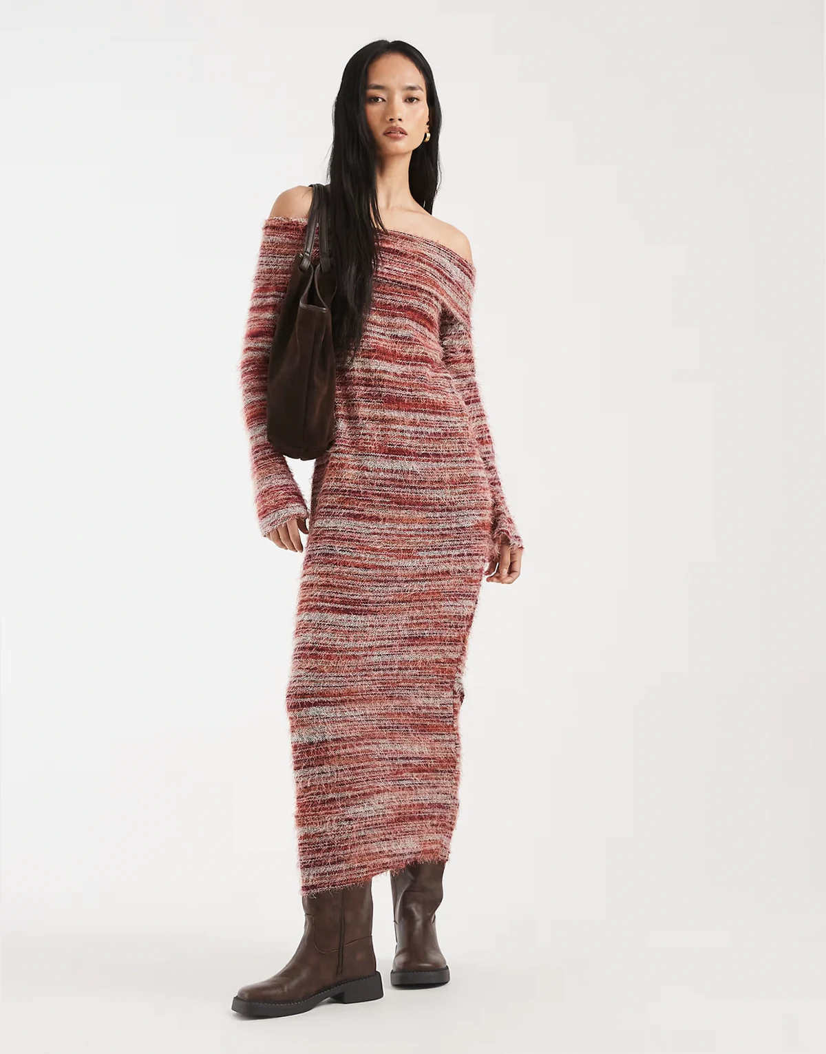 Bibi textured knit off the shoulder maxi dress in rust mixed yarn