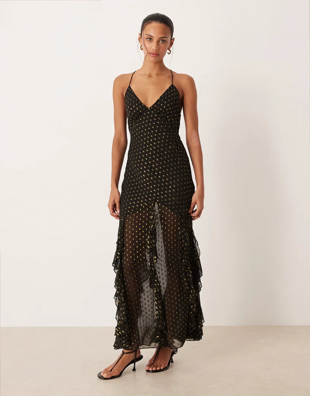 lace-up back strappy maxi dress in black polka dot print