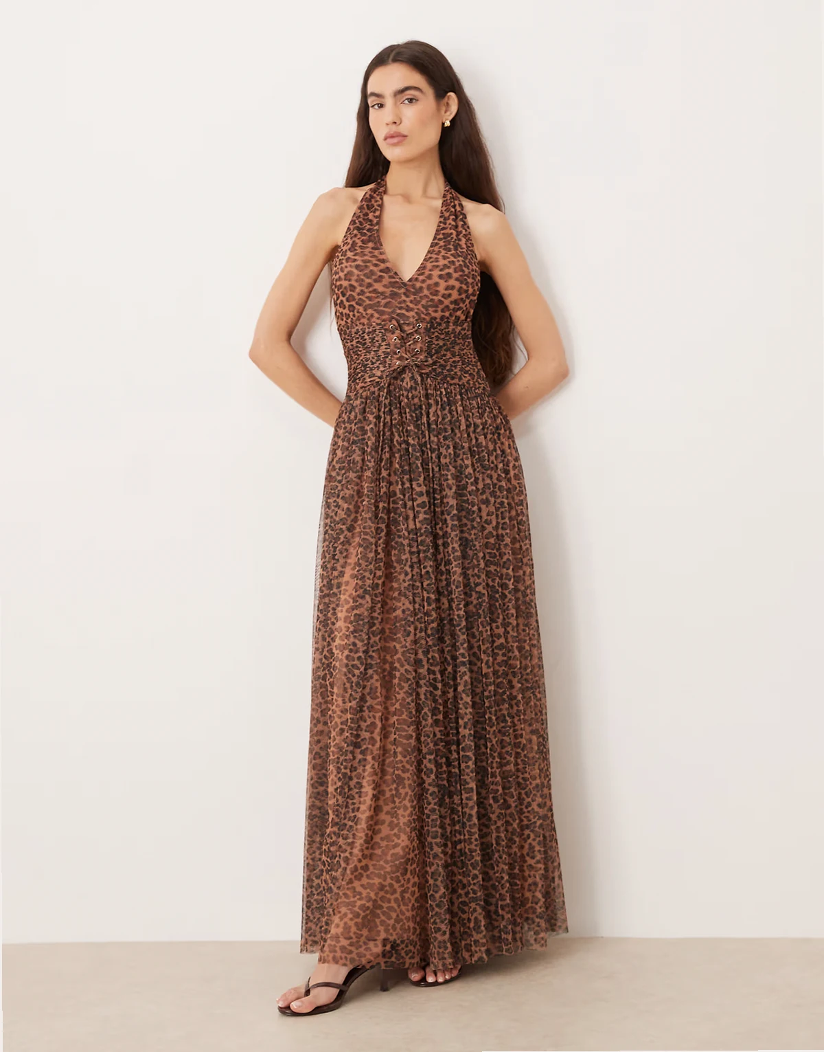 Daphne tulle halter neck corset maxi dress in leopard print