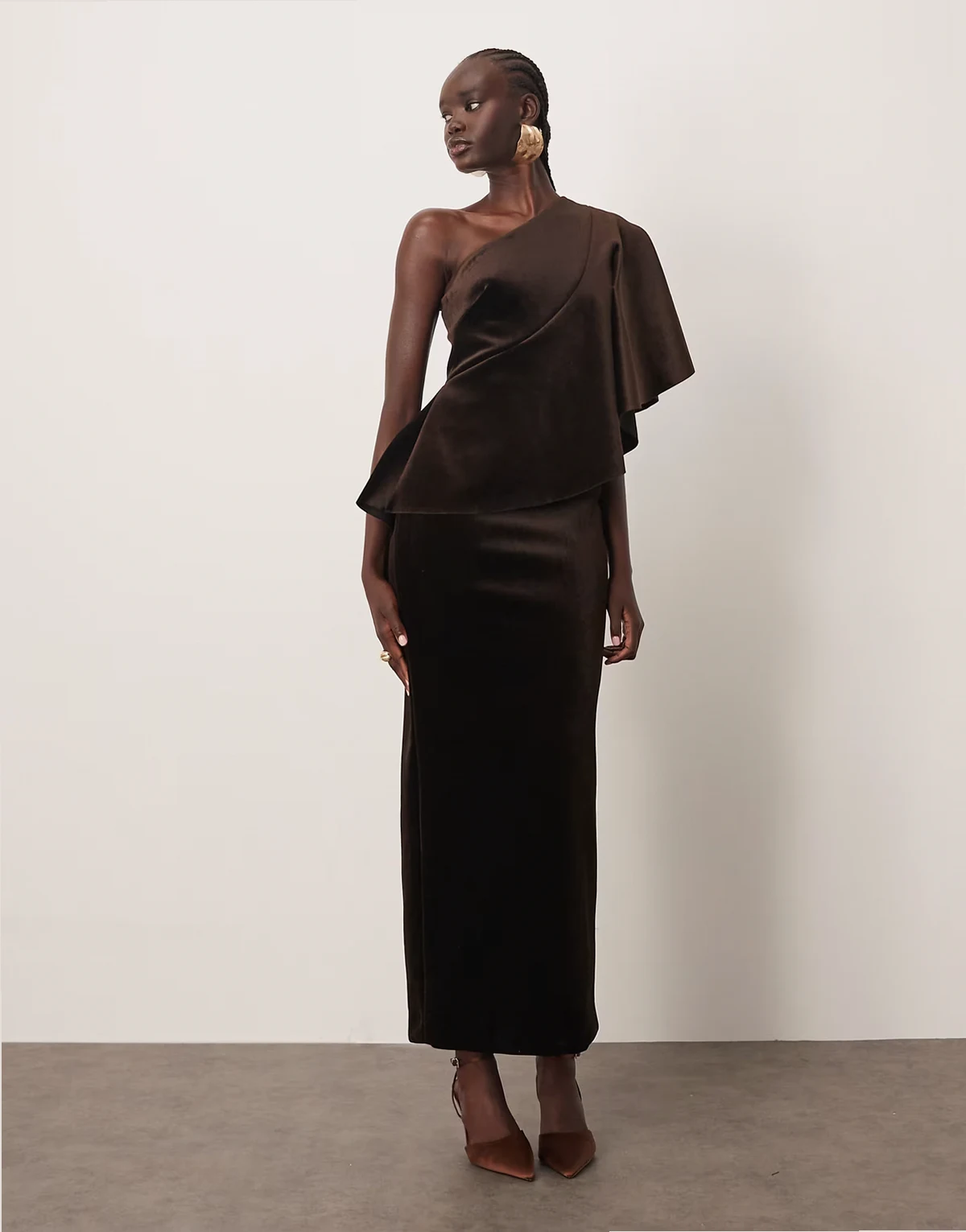 one shoulder velvet bodice maxi dress in chocolate
