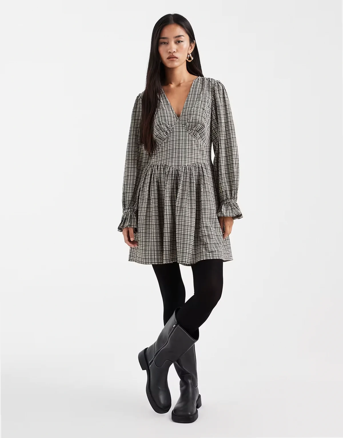 V-neck mini dress in tartan check