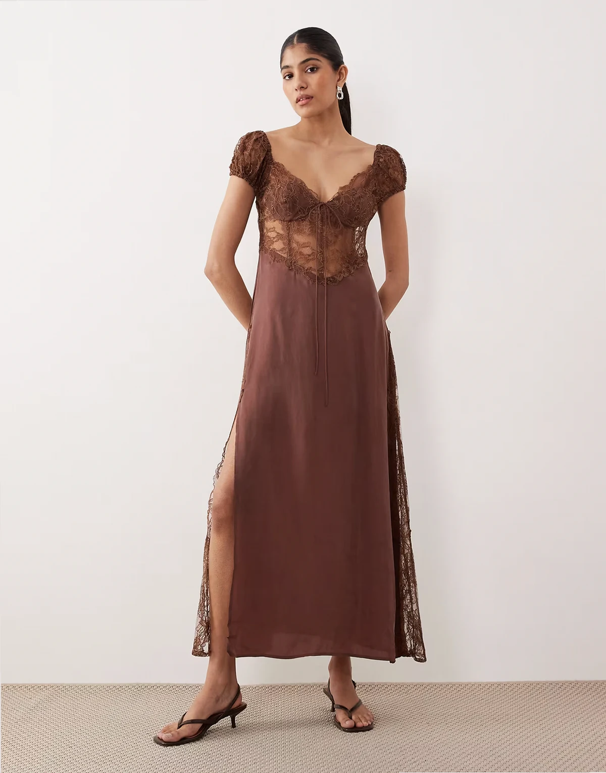 Casey chiffon and lace open back maxi dress in chocolate