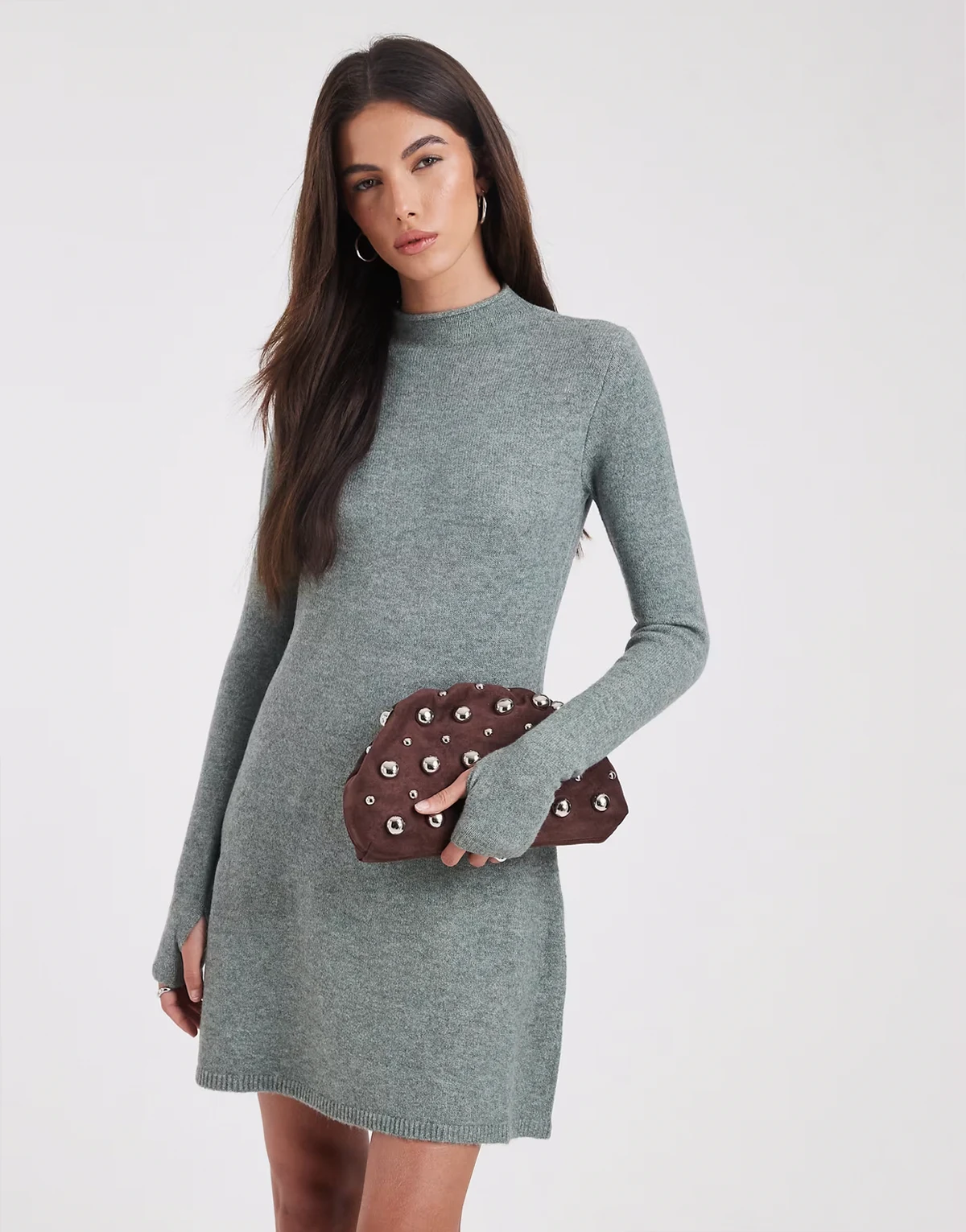 – Langärmliges Mini-Strickkleid in Grau meliert