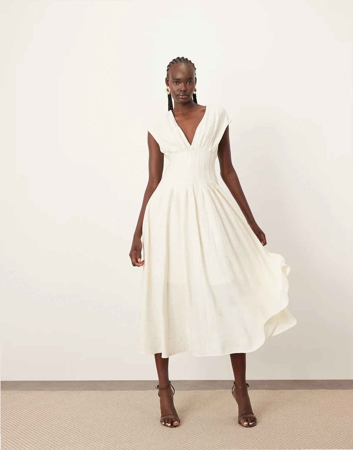 premium structured linen pleated waist midi dress with tie back detail in natural