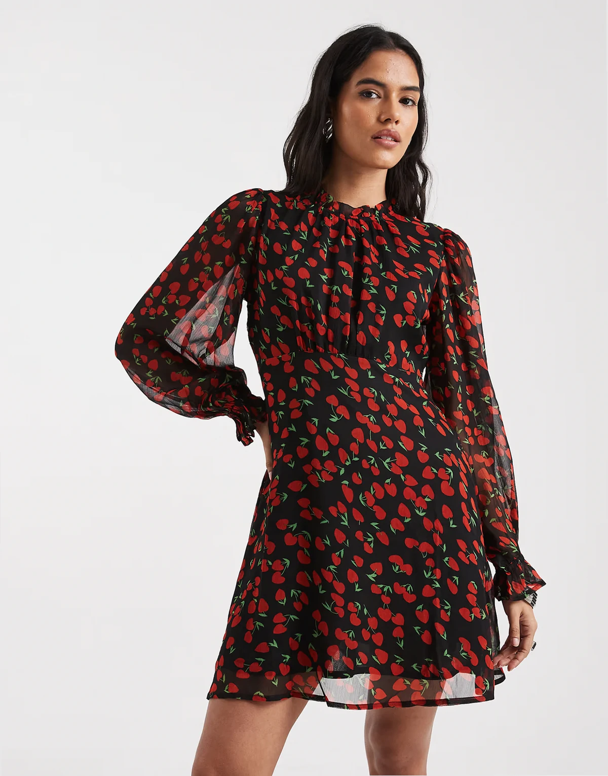 printed chiffon cherry print dress
