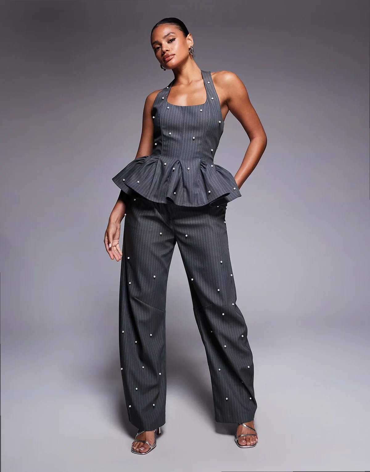 barrel pants with faux pearls in gray pinstripe - part of a set