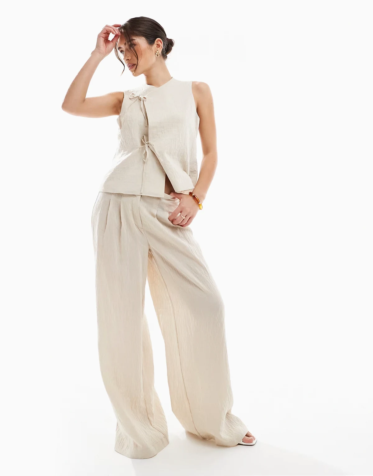 pleat front wide leg pants in cream - part of a set
