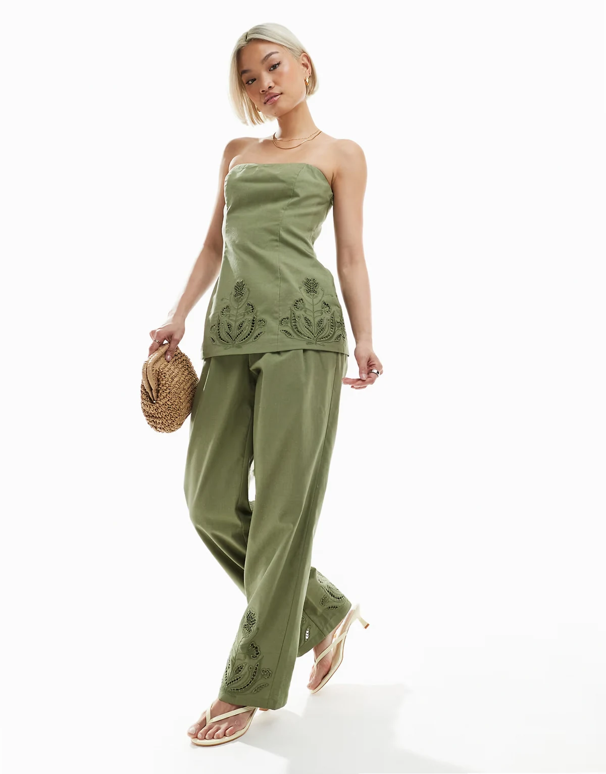 linen blend flower cutwork detail wide leg pants in olive green - part of a set