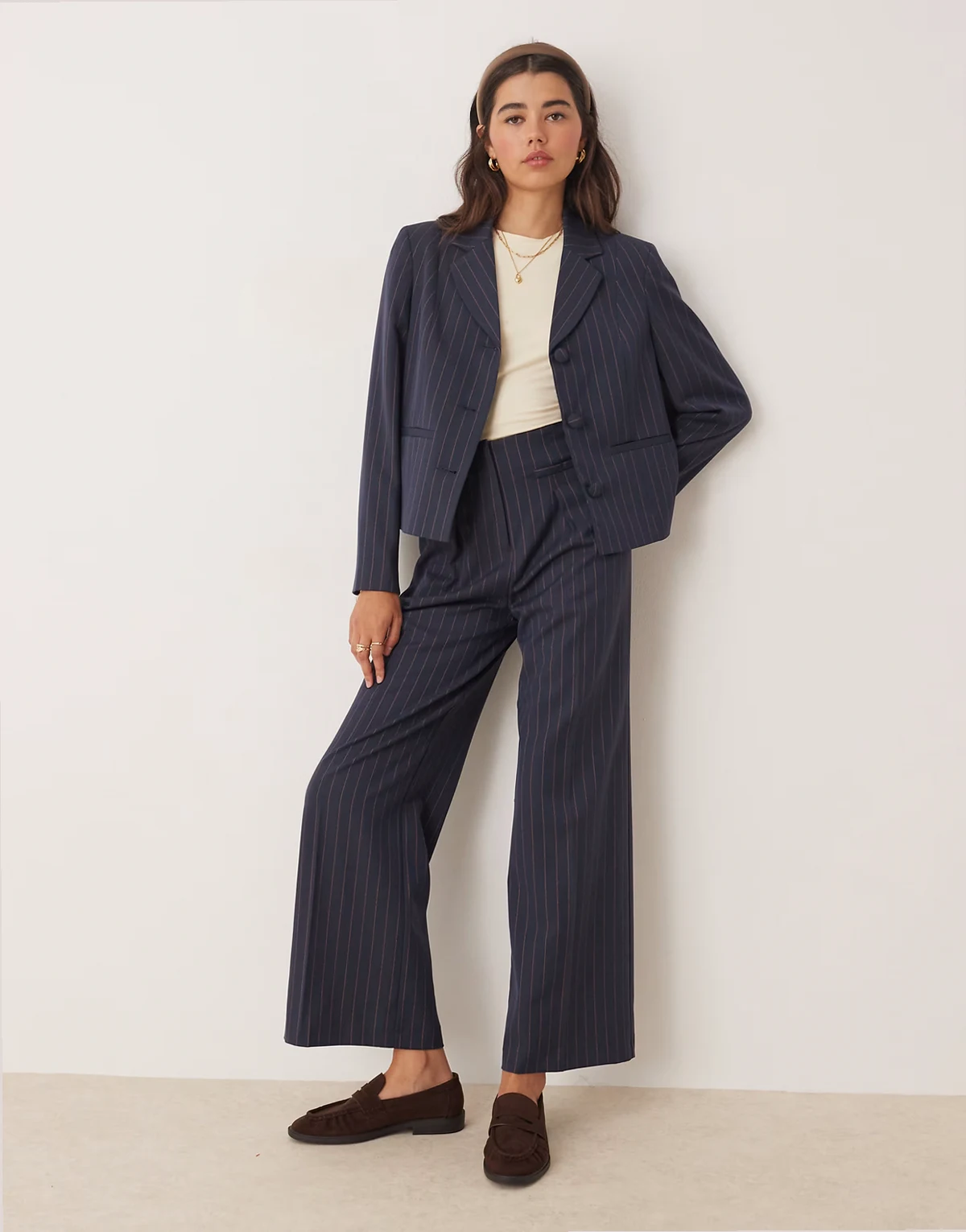 tailored high waist pants in navy pinstripe