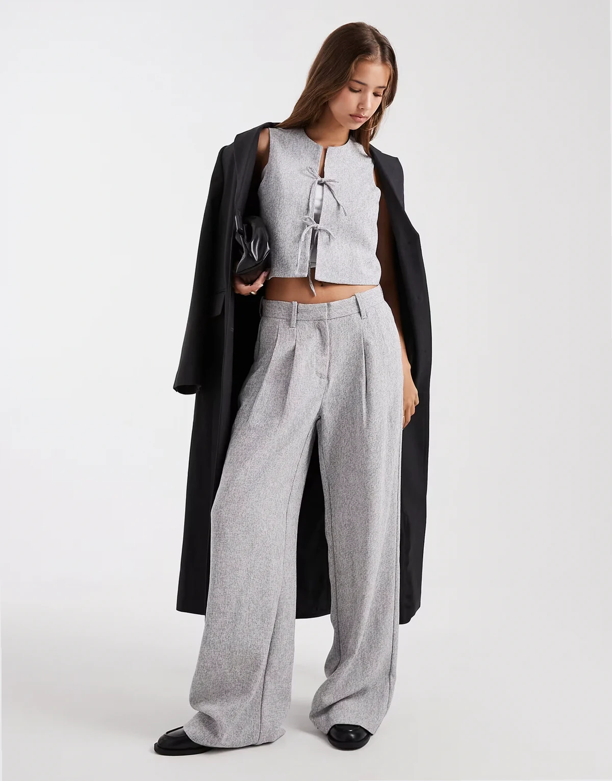 tailored pleated front wide leg pants in heather gray - part of a set