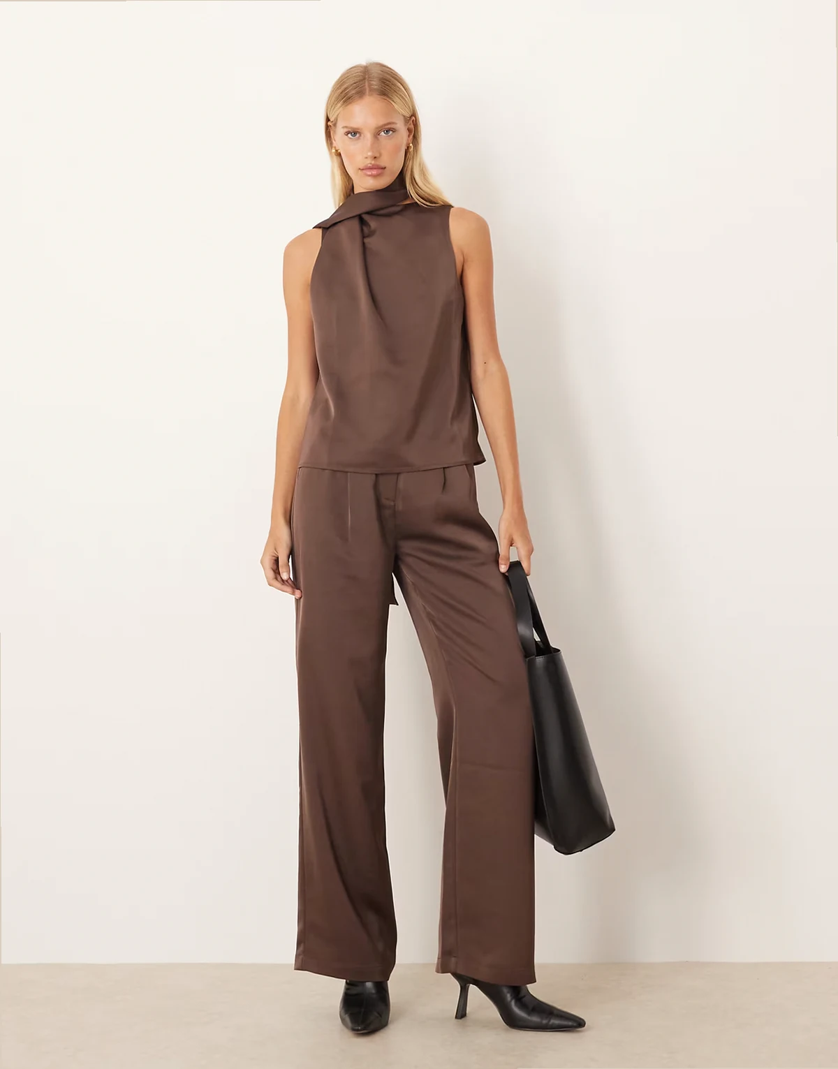 satin tailored pants in chocolate brown - part of a set