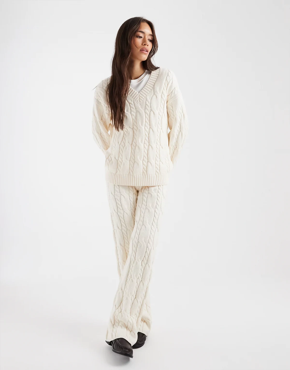 cotton rich cable knit wide leg pants in cream - part of a set