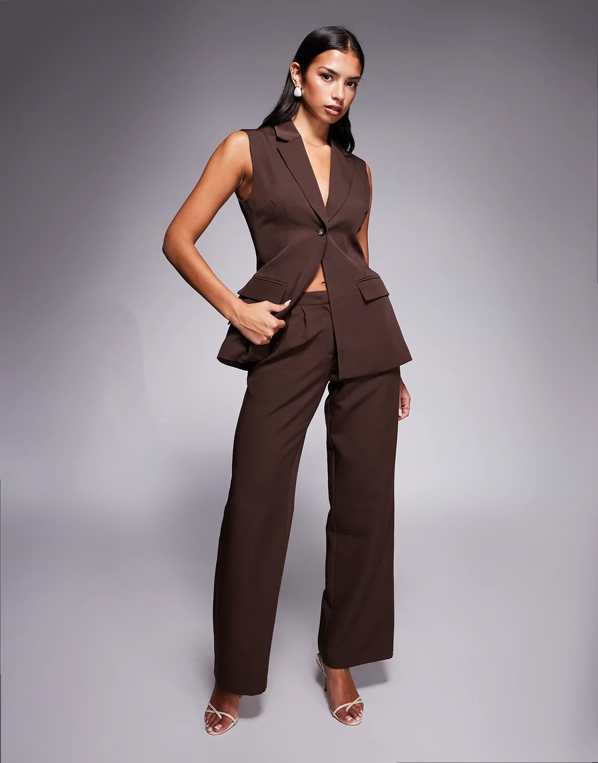 Exclusive tailored wide leg pants in chocolate - part of a set