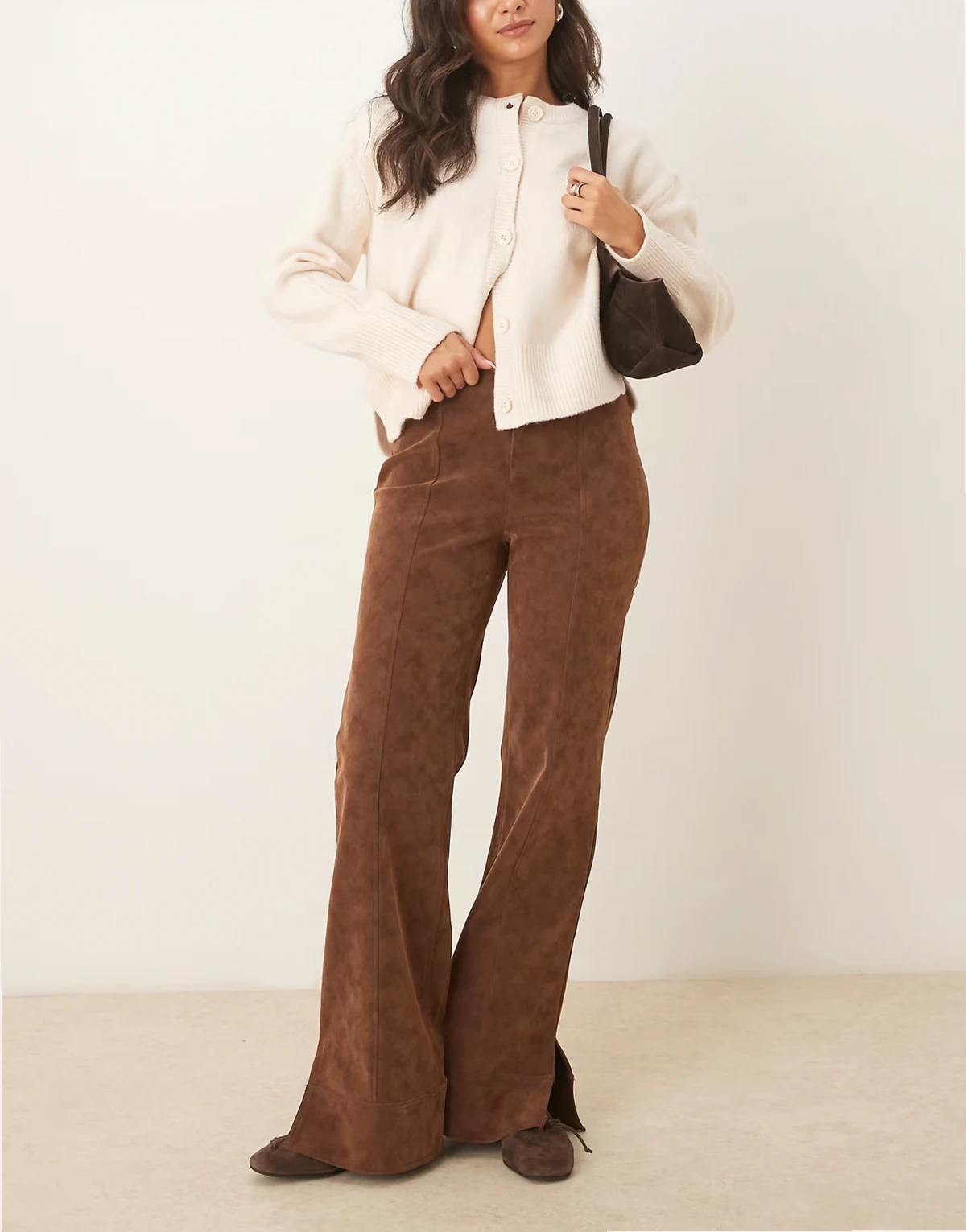 Glow Up suede flared pants in brown