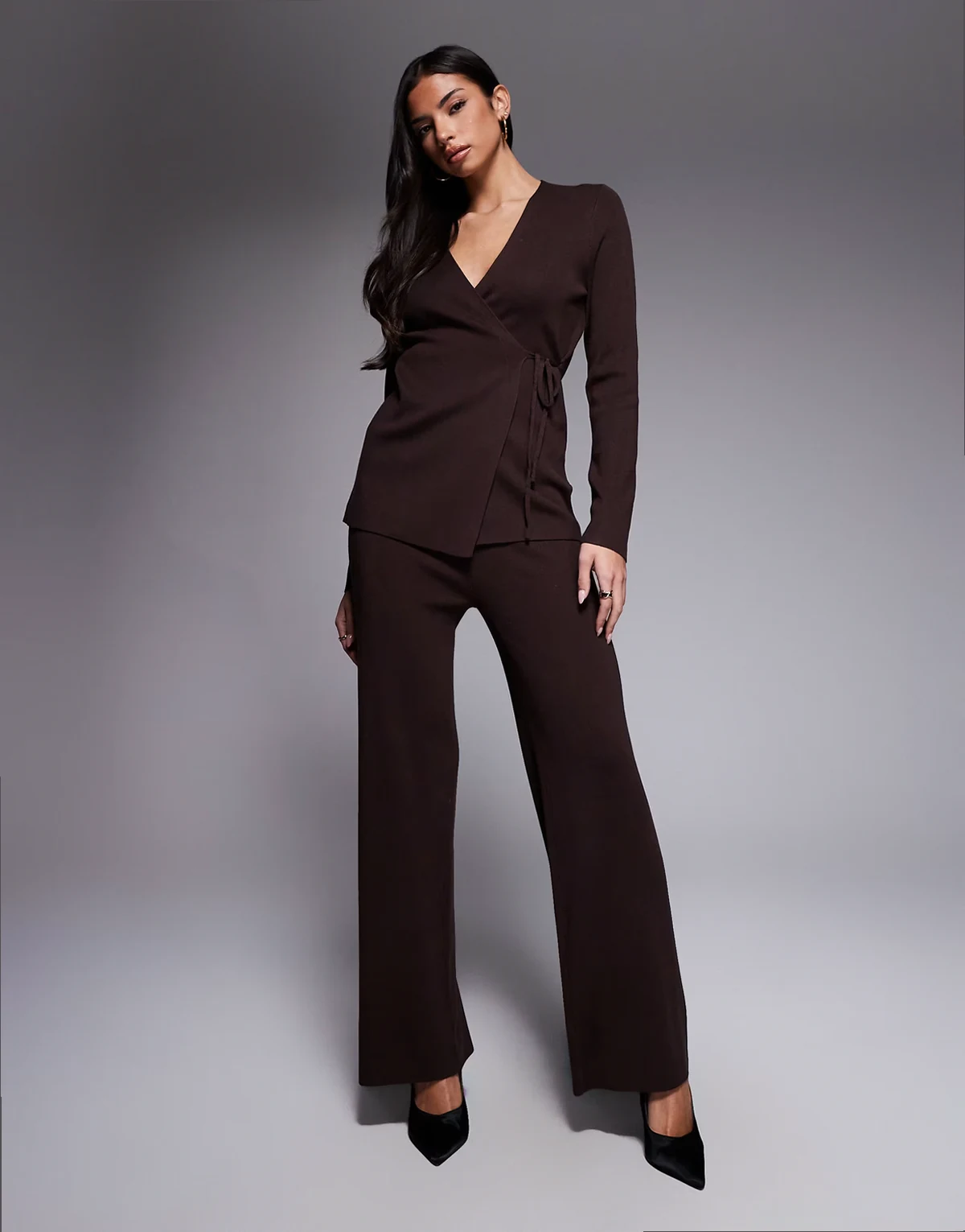exclusive ribbed knit wide leg pants in chocolate - part of a set