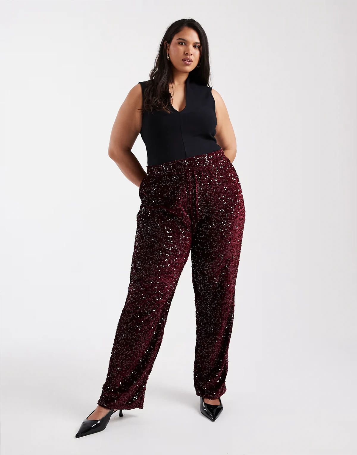 Pieces Curve wide leg velour sequin pants in burgundy