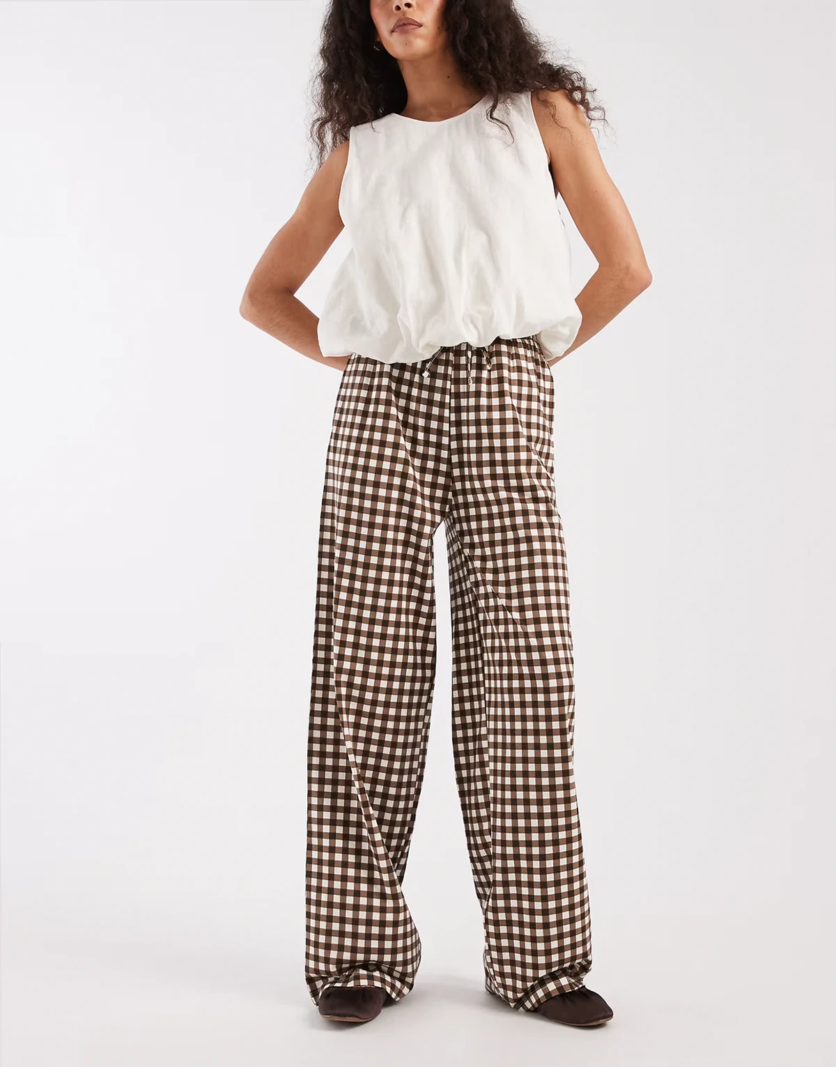 jersey pull on pants with drawstring in chocolate brown gingham print