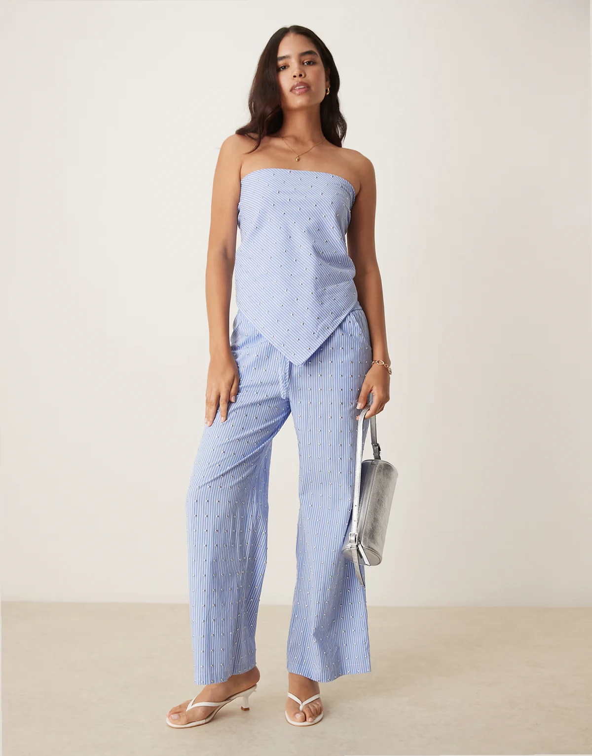 cotton hotfix wide leg pants in blue stripe - part of a set
