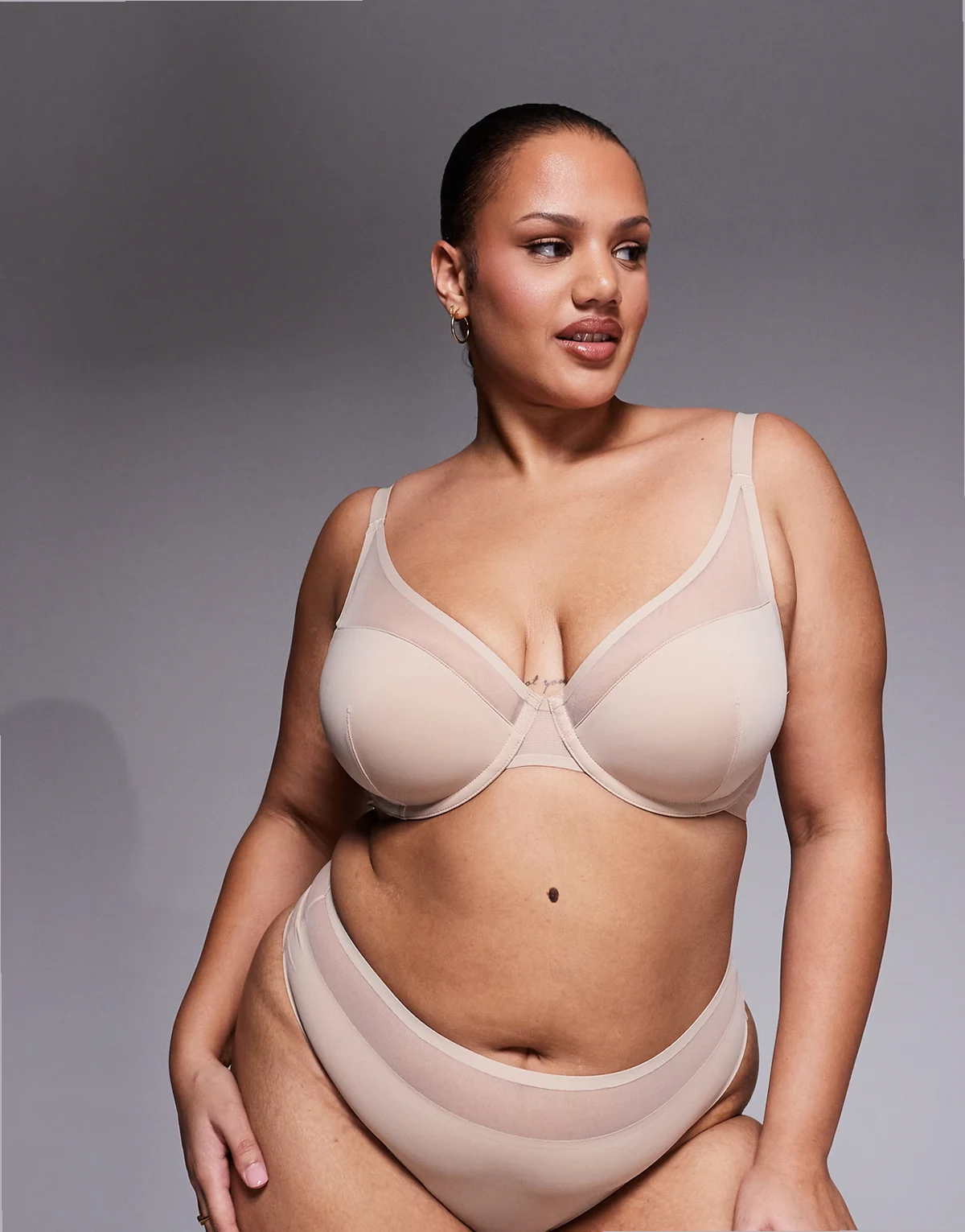 ASOS DESIGN Curve Ella microfiber demi padded underwire bra with mesh detailing in beige