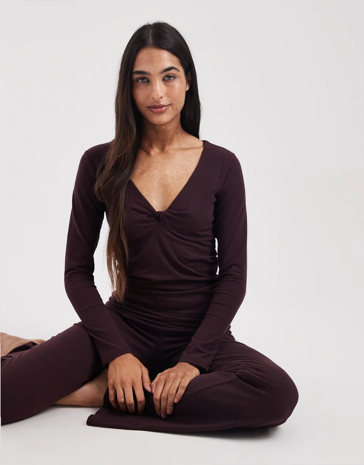 lounge dreamy soft twist neck long sleeve top in burgundy