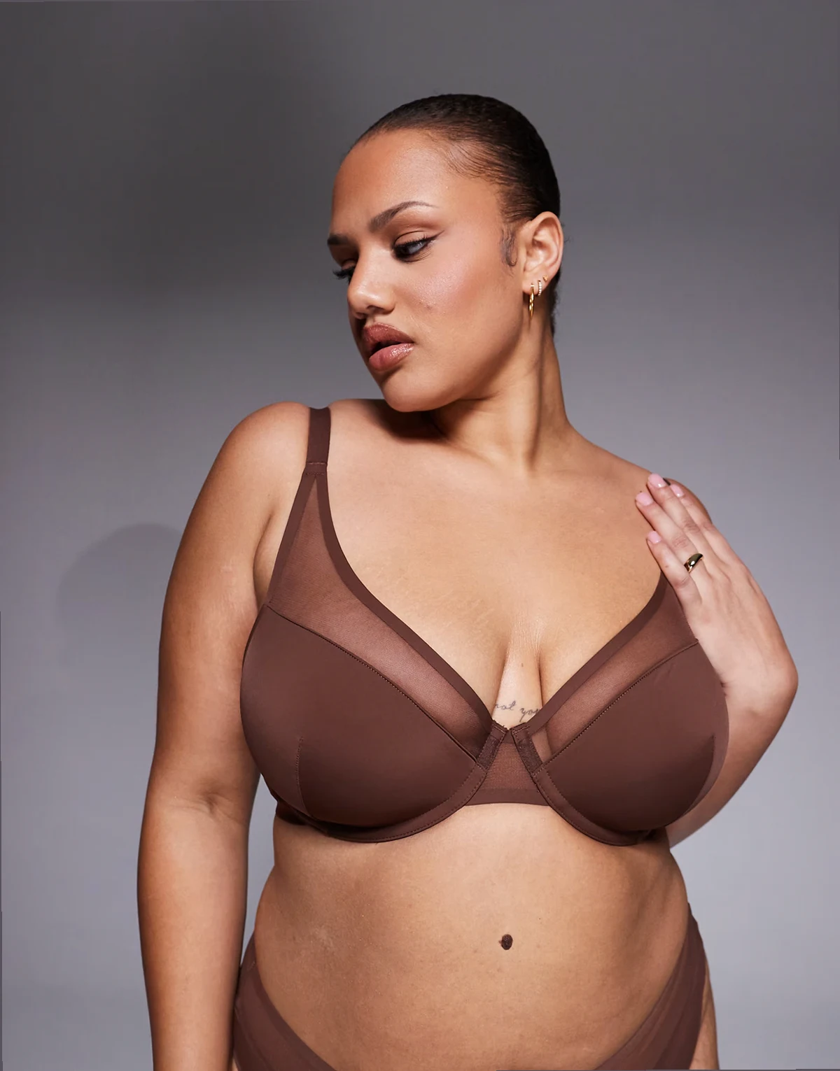ASOS DESIGN Curve Ella microfiber demi padded underwire bra with mesh detailing in chocolate