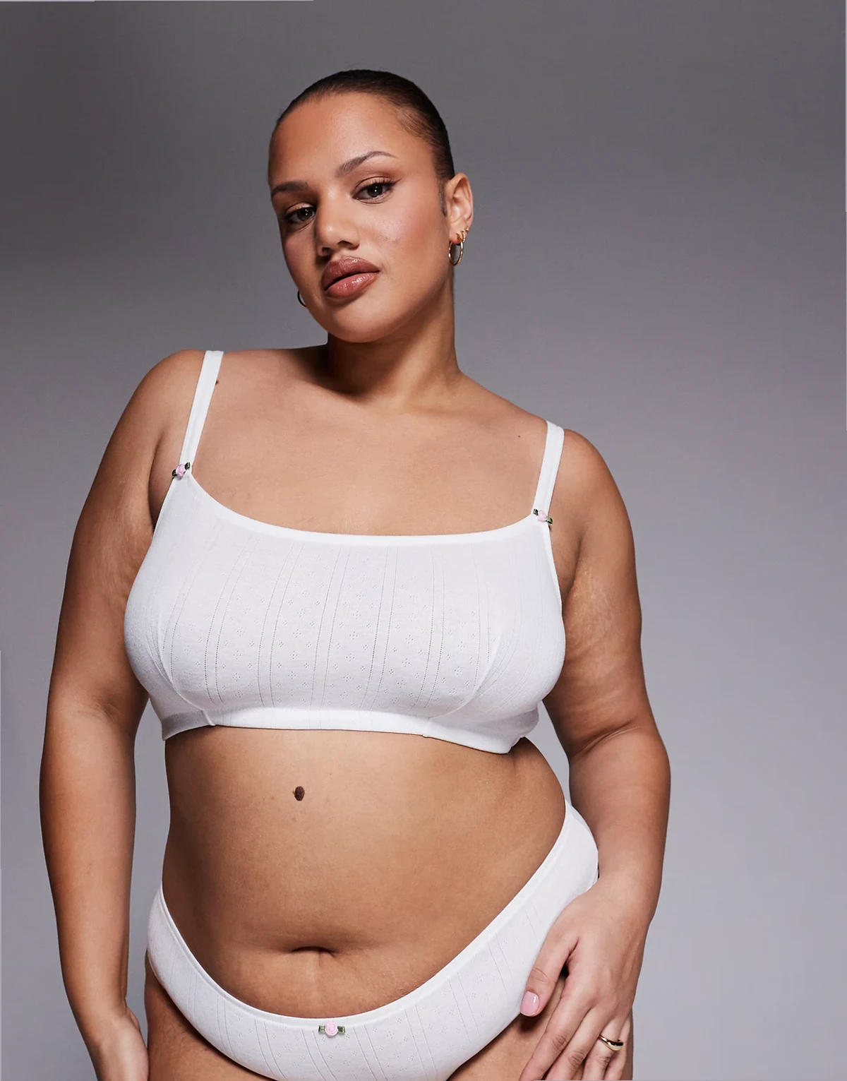 ASOS DESIGN Curve Evie pointelle crop bra with rosebud trim in white