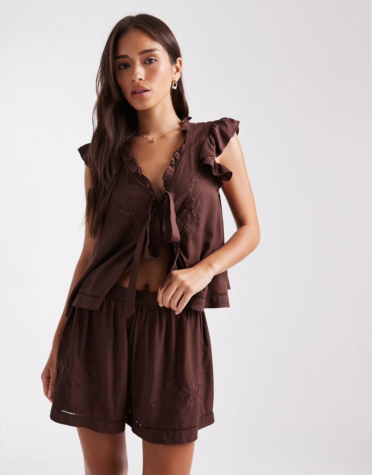 frill detail short pajama set in chocolate brown