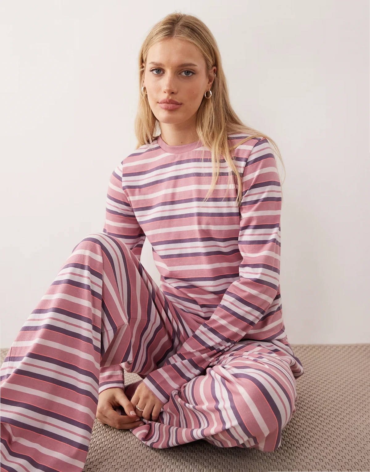 Taylor long sleeve pajama top in pink & burgundy stripes
