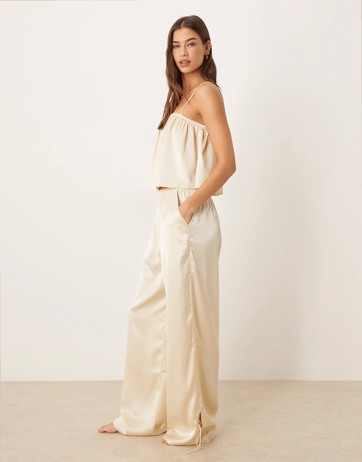 satin wide leg pajama pants in ivory