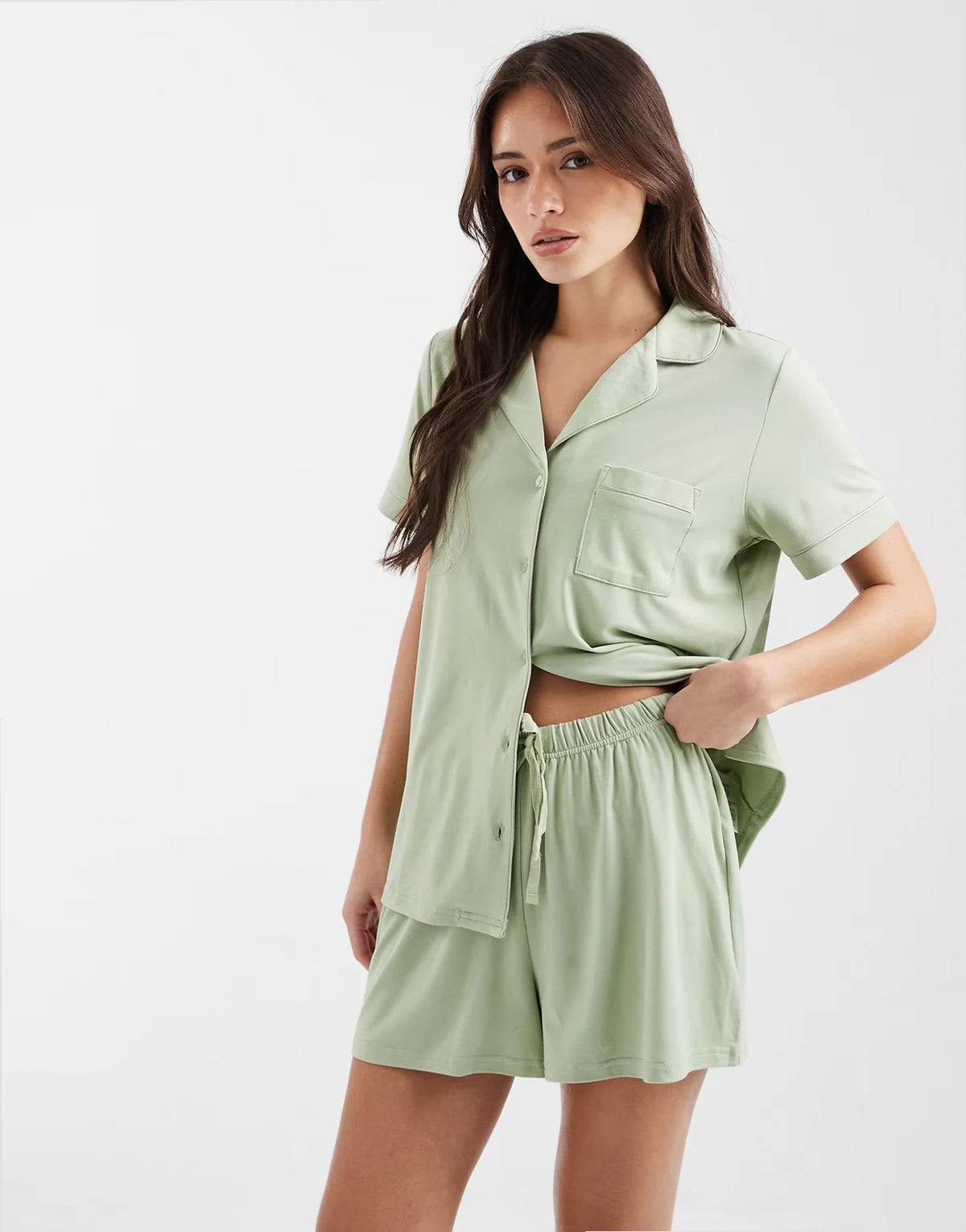 super soft jersey short sleeve shirt & shorts set in muted sage
