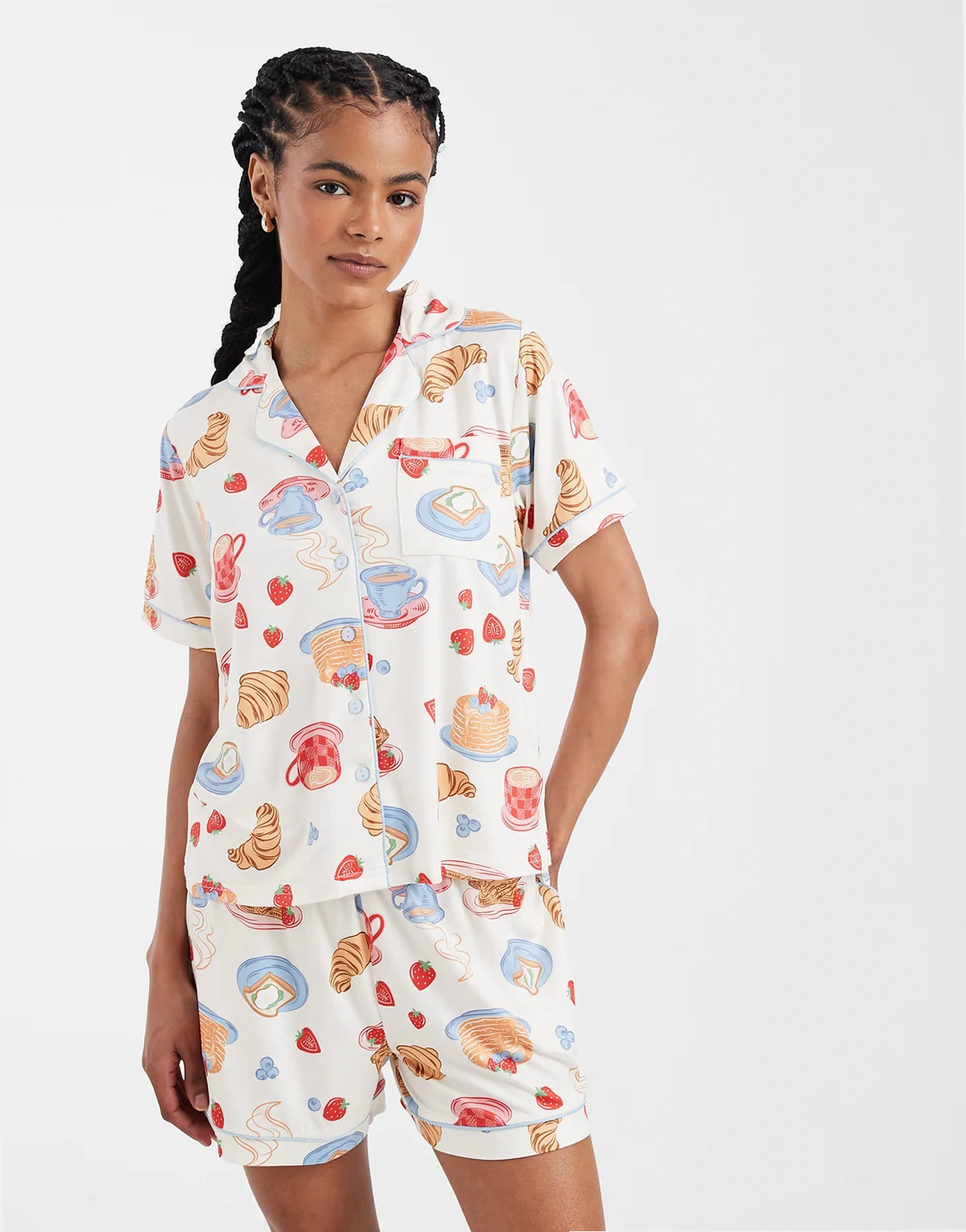 button down super soft short pajama set with croissant print in ecru and blue