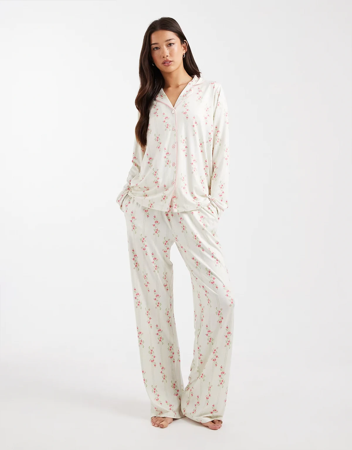 button down super soft pajama set with floral print in ecru and pink