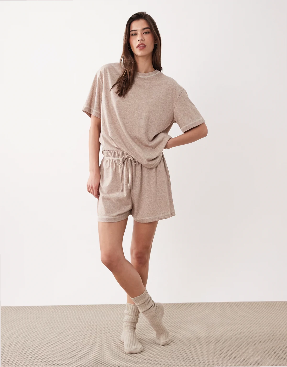 oversized tee and shorts pajama set in heathered brown
