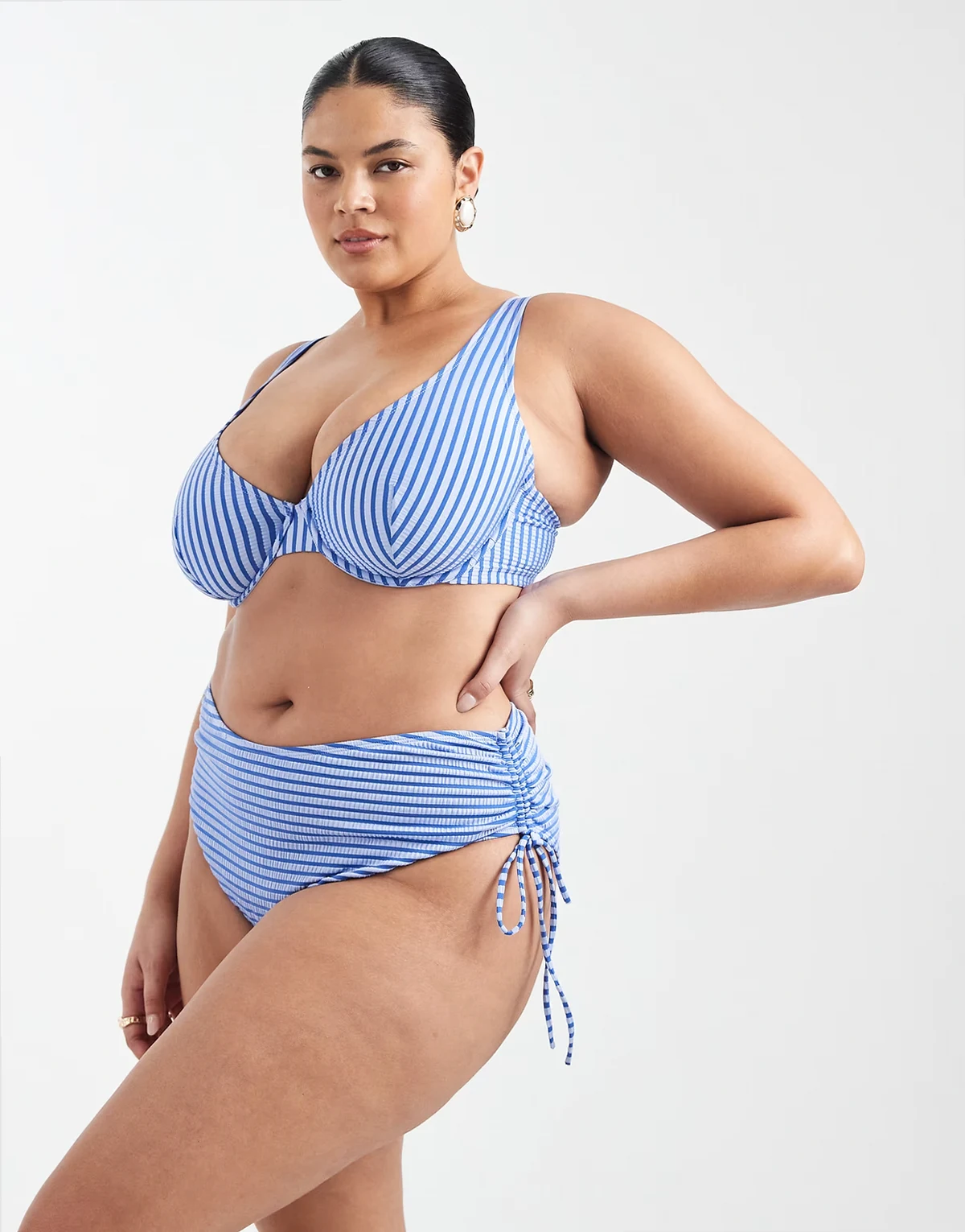 ASOS DESIGN Curve Violet high waist bikini bottom in blue stripe