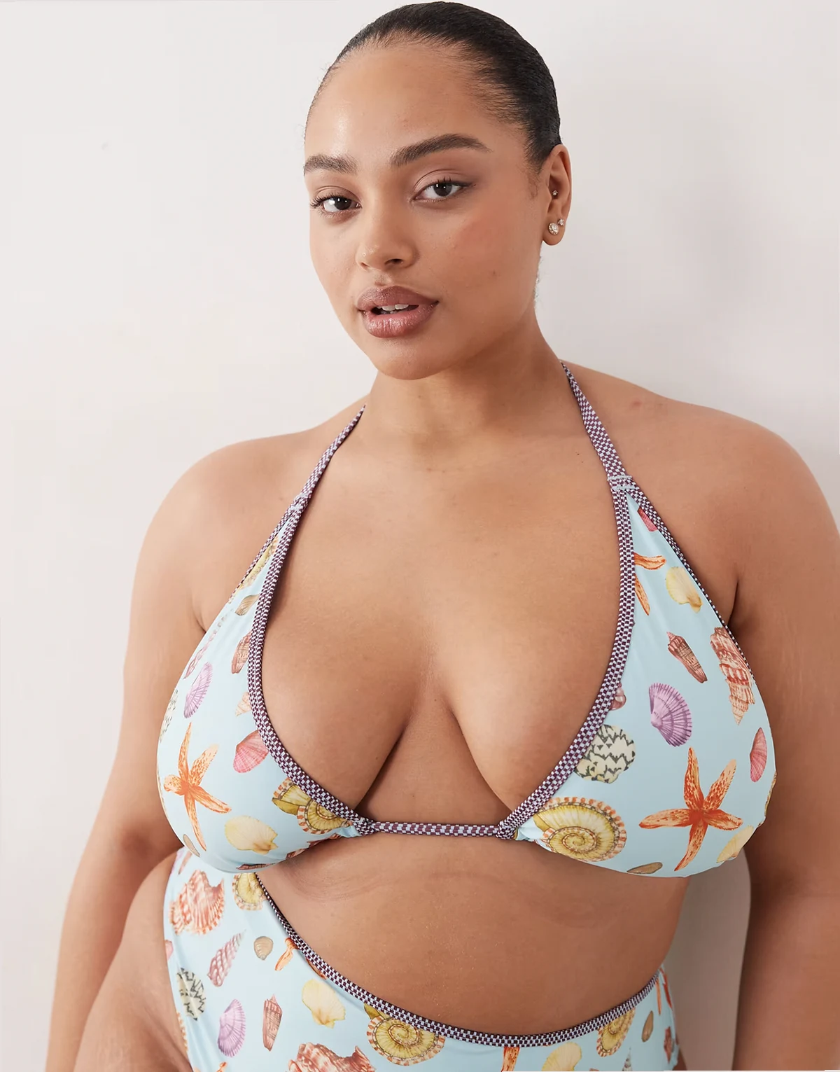 ASOS DESIGN Curve Solar Starfish high apex triangle bikini top in blue sea print