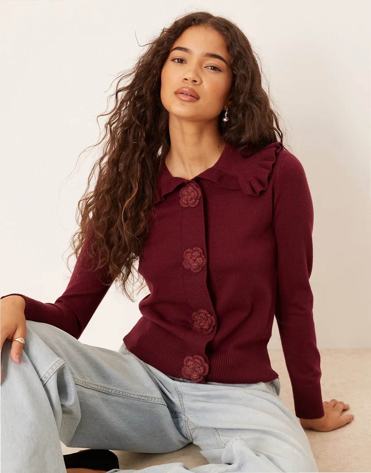 rose applique cardigan with dramatic collar in burgundy