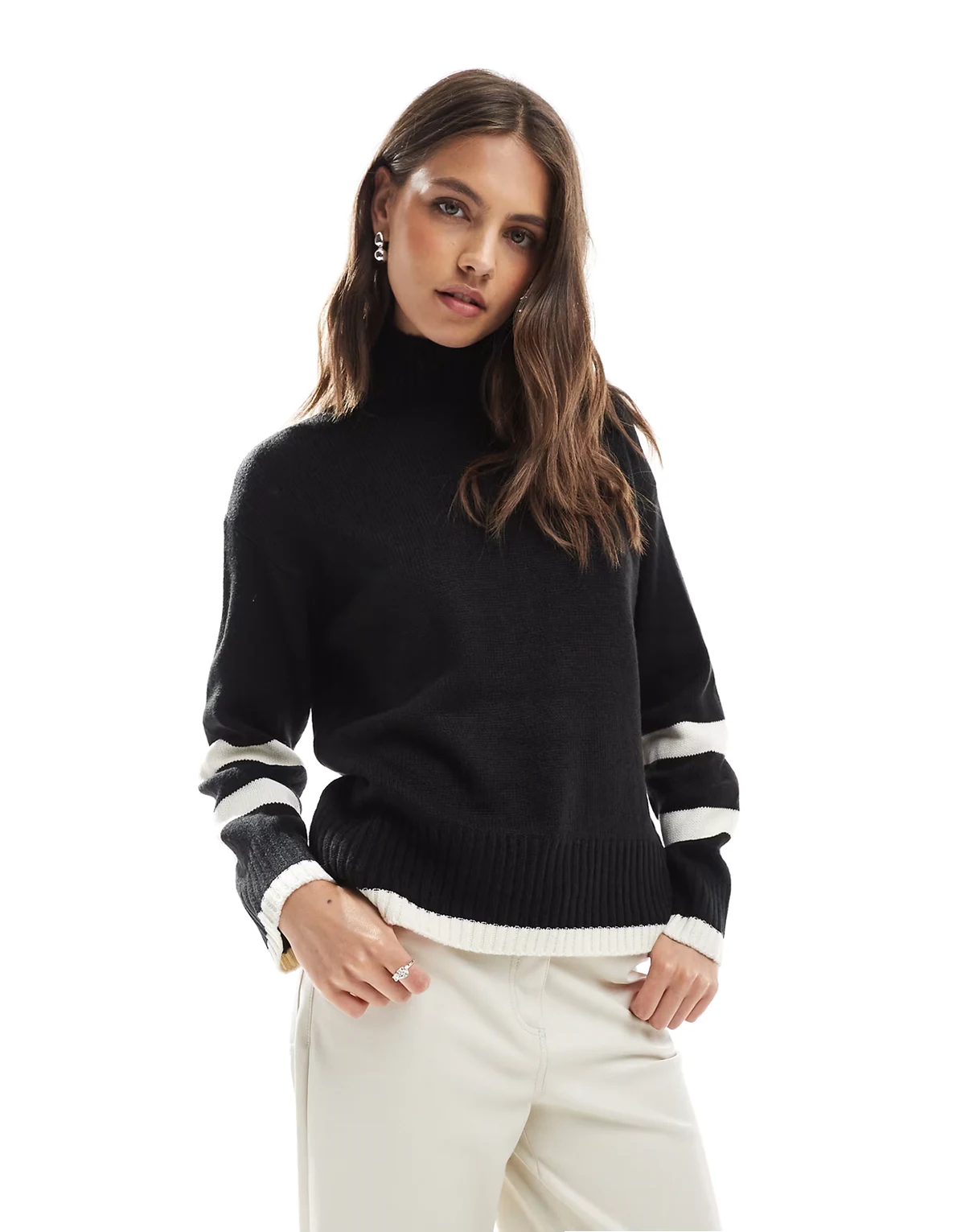oversized turtleneck sweater with striped detail in black