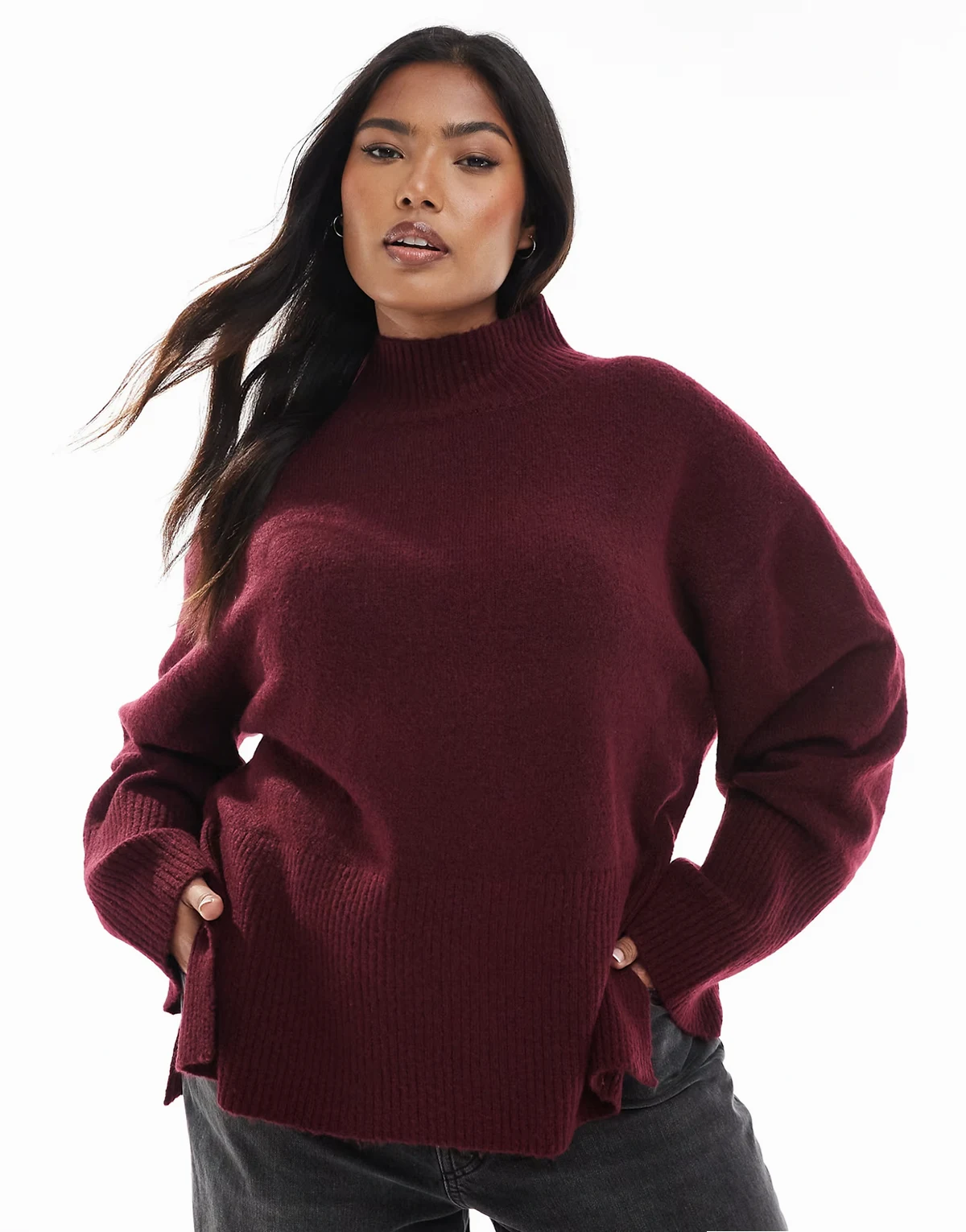 Plus turtleneck sweater with wide sleeves in wine