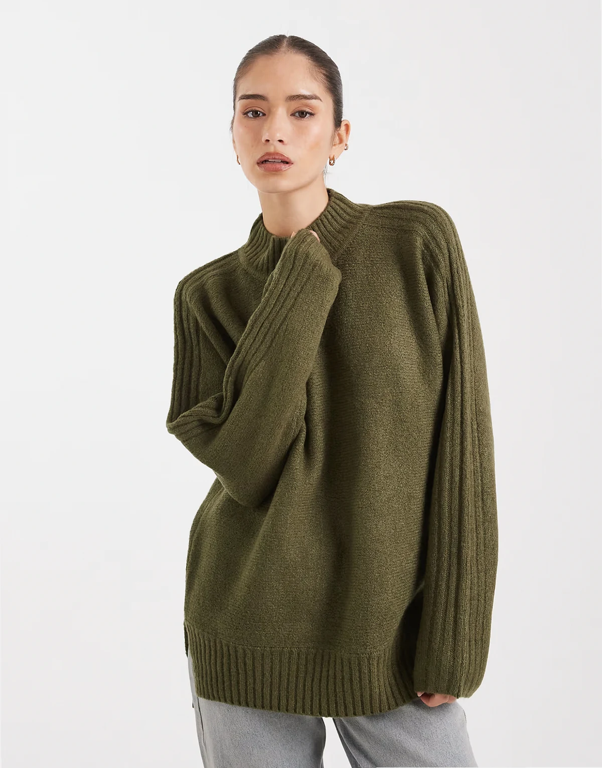 high neck oversized sweater in khaki green