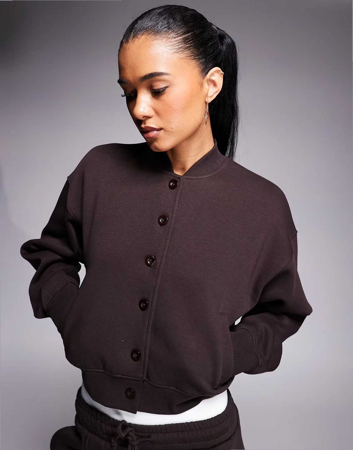 cotton rich button up sweatshirt cardigan in chocolate - part of a set